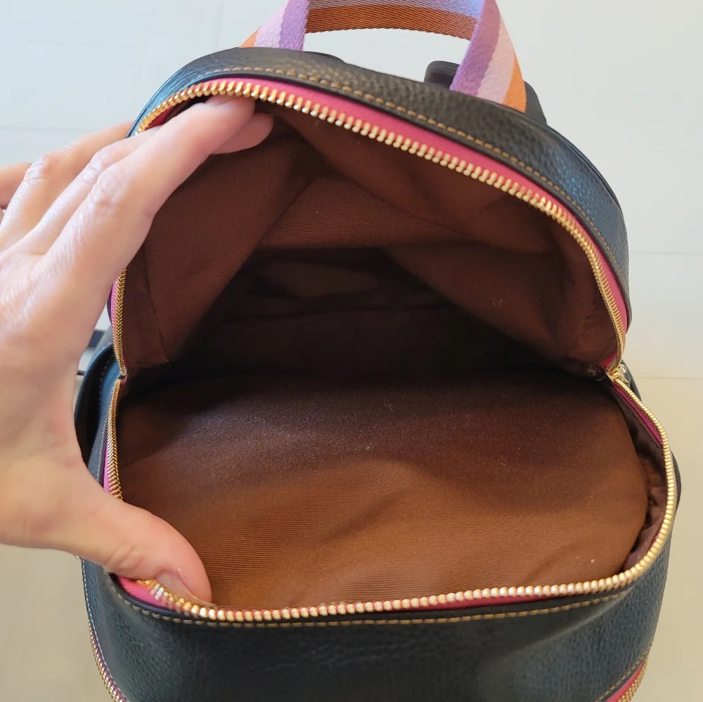 Coach Signature Brown Tan Backpack with Pink Trim and Purple Accent